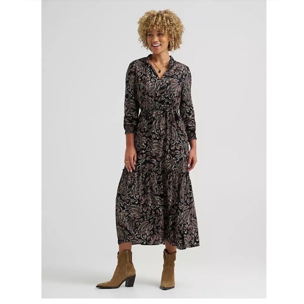Lee Women's Midi Dress Large Black Paisley Long Sleeve Tassel Tie Boho NWT